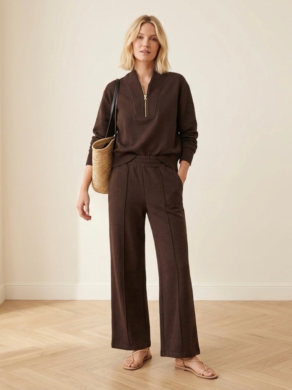 Varley Double Soft Sally Half-Zip Pullover Sweatshirt in Coffee Bean Marl - Picture 10 of 10